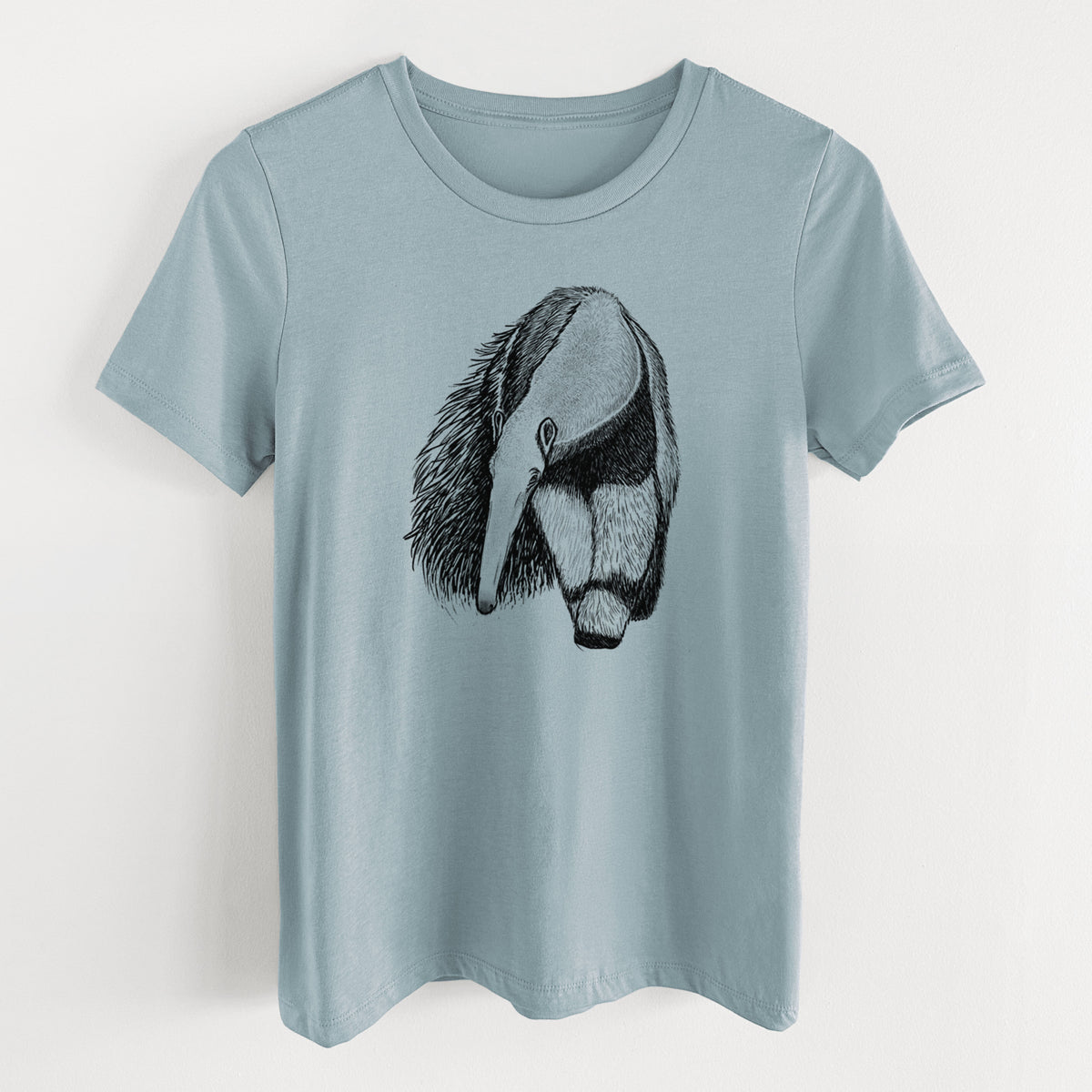 Vintage denim women's relaxed fit cotton t-shirt laid flat, printed with a detailed black ink illustration of a giant anteater with its long snout and bushy tail.