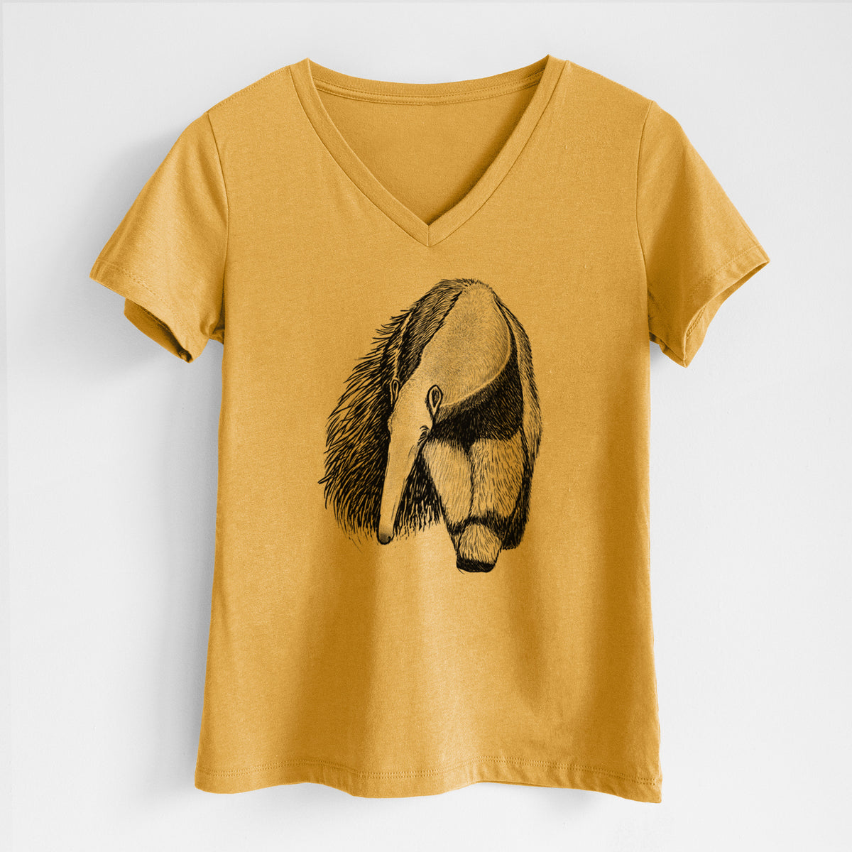 Honeycomb yellow women's relaxed fit cotton V-neck t-shirt laid flat, printed with a detailed black ink illustration of a giant anteater with its long snout and bushy tail.