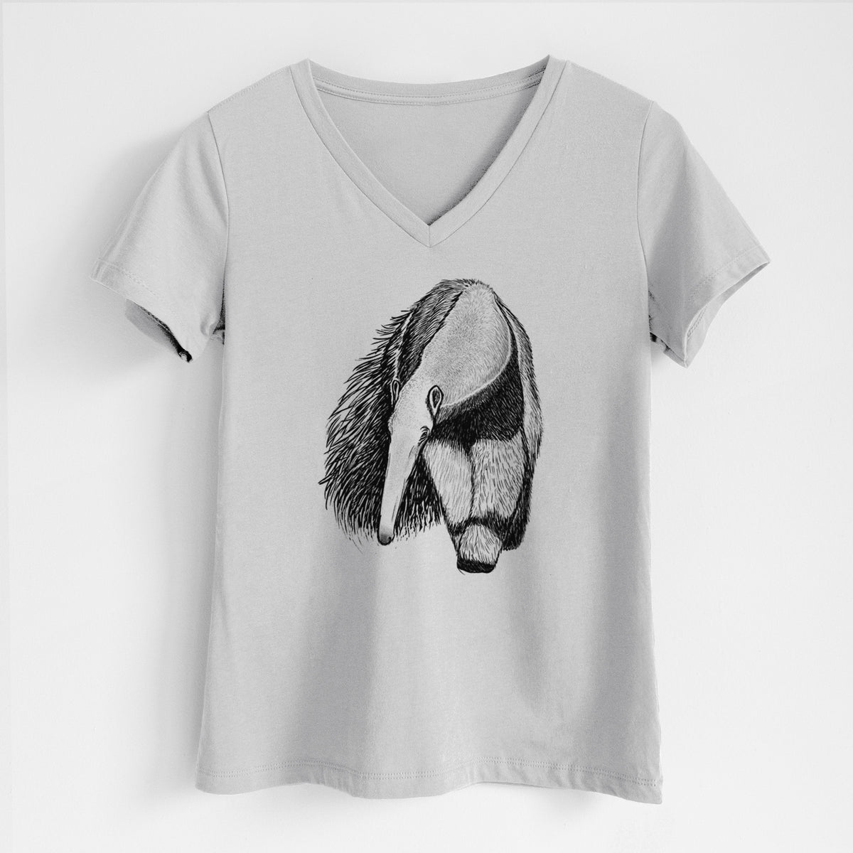 Lunar grey women's relaxed fit cotton V-neck t-shirt laid flat, printed with a detailed black ink illustration of a giant anteater with its long snout and bushy tail.