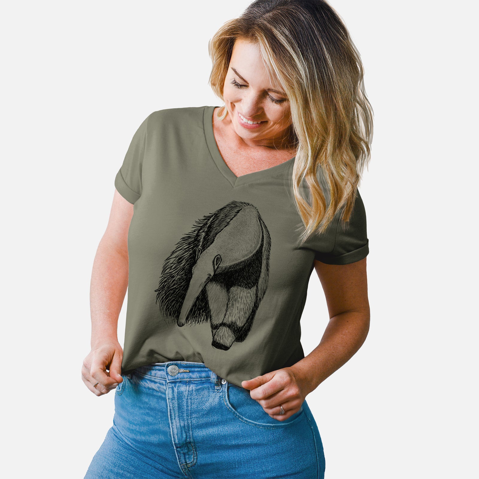 Turquoise women's relaxed fit cotton V-neck t-shirt laid flat, printed with a detailed black ink illustration of a giant anteater with its long snout and bushy tail.