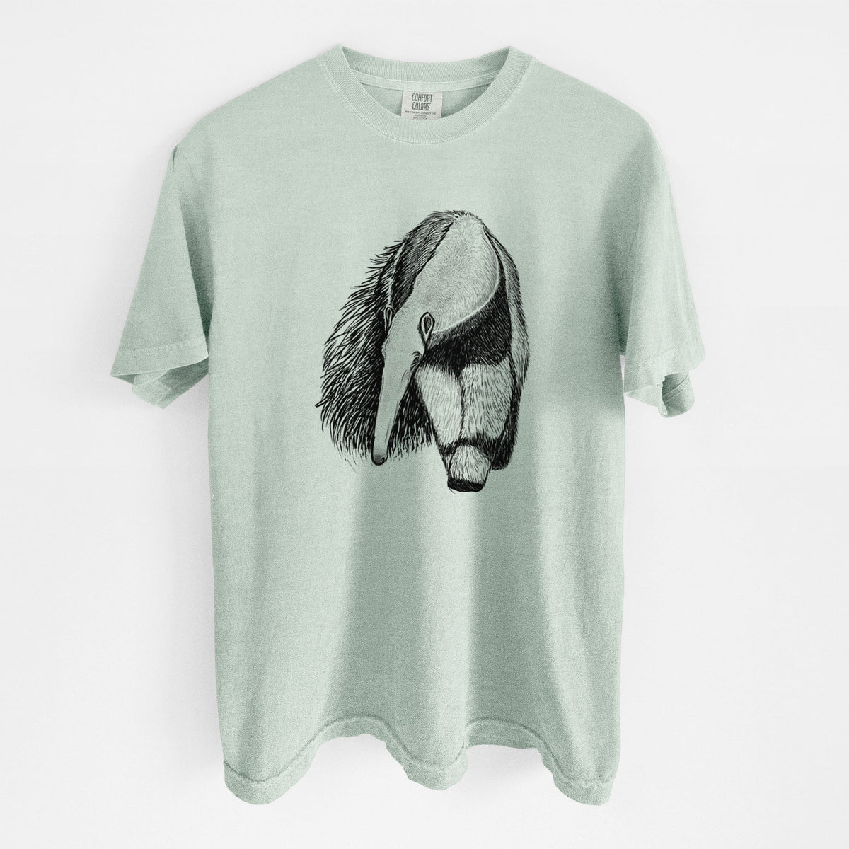 Bay green Comfort Colors t-shirt laid flat, printed with a detailed black ink illustration of a giant anteater with its long snout and bushy tail.