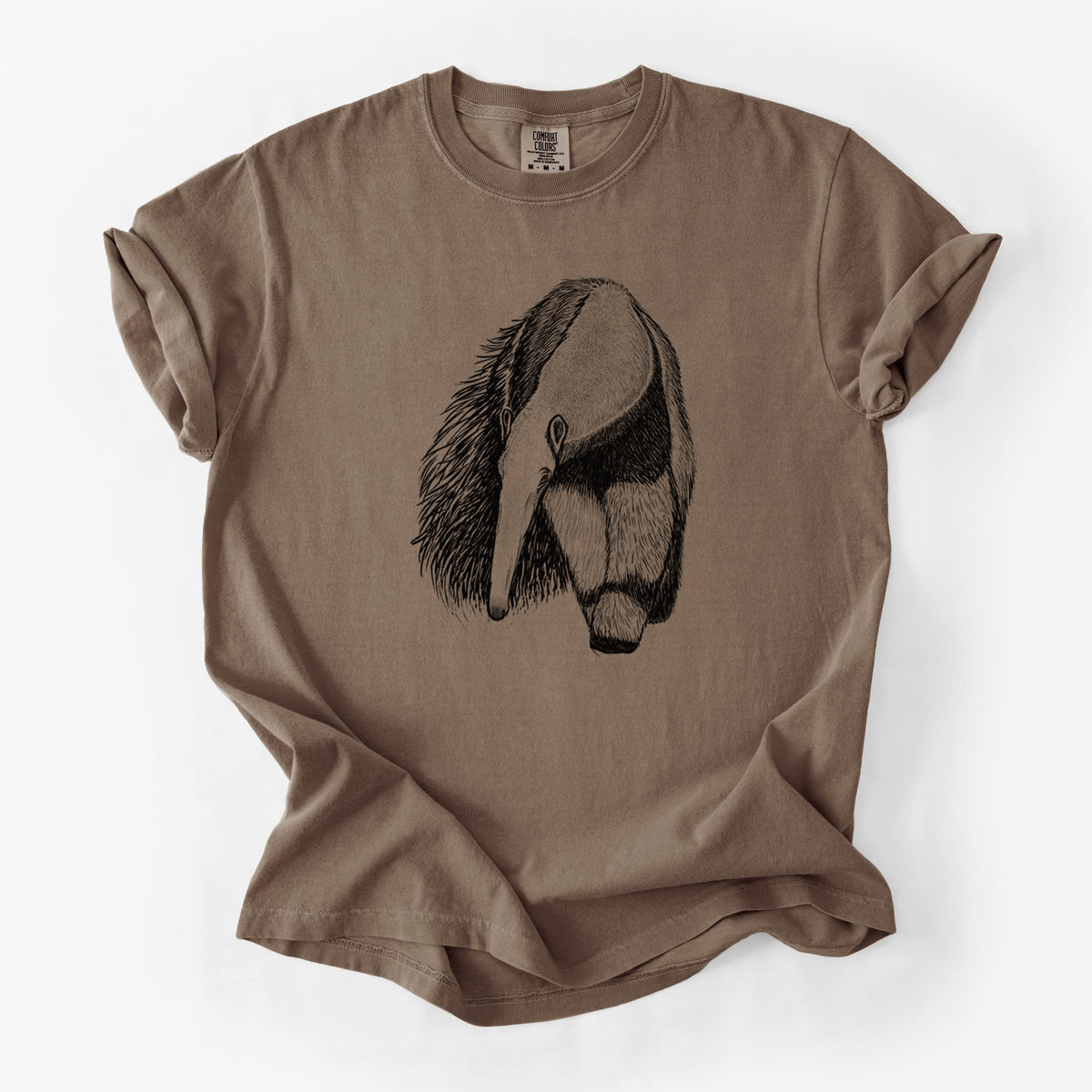 Espresso brown Comfort Colors t-shirt laid flat, printed with a detailed black ink illustration of a giant anteater with its long snout and bushy tail.