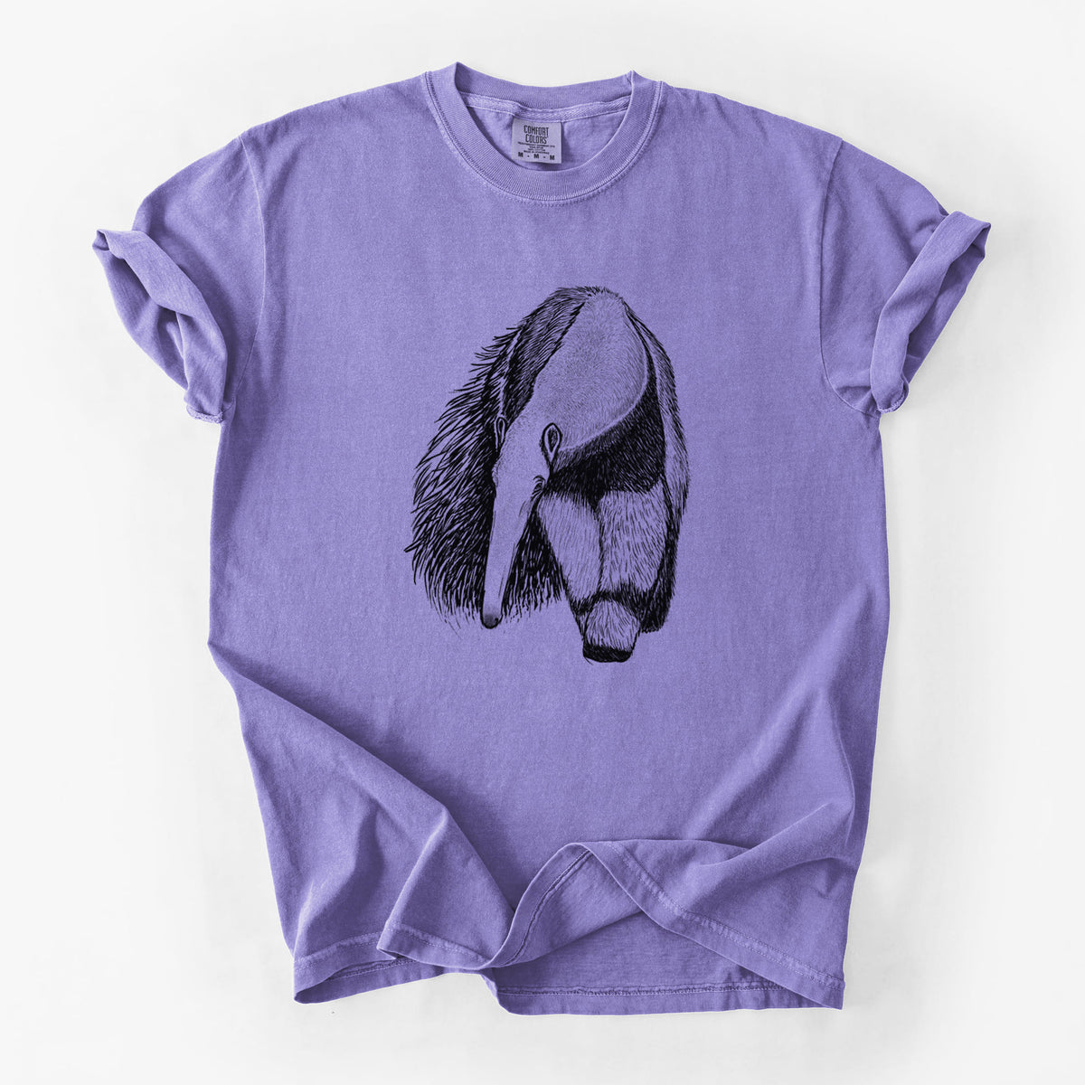Violet purple Comfort Colors t-shirt laid flat, printed with a detailed black ink illustration of a giant anteater with its long snout and bushy tail.