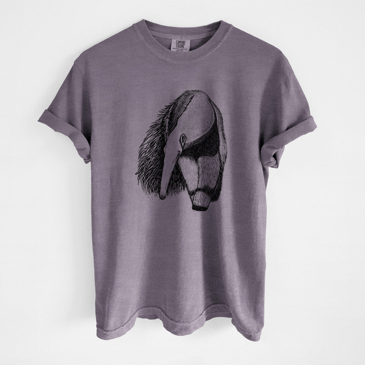 Wine red Comfort Colors t-shirt laid flat, printed with a detailed black ink illustration of a giant anteater with its long snout and bushy tail.