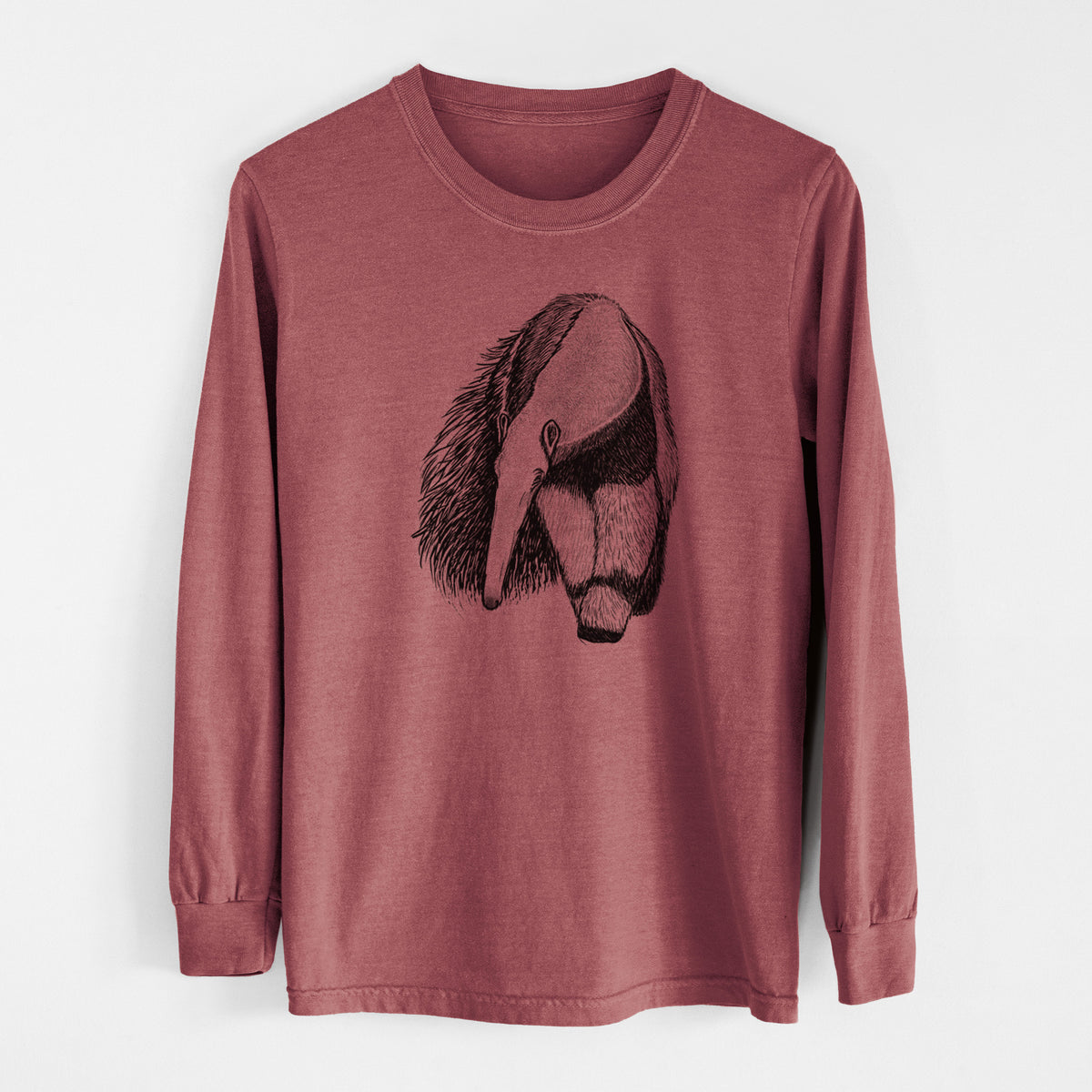 Brick red Comfort Colors long sleeve shirt laid flat, printed with a detailed black ink illustration of a giant anteater with its long snout and bushy tail.