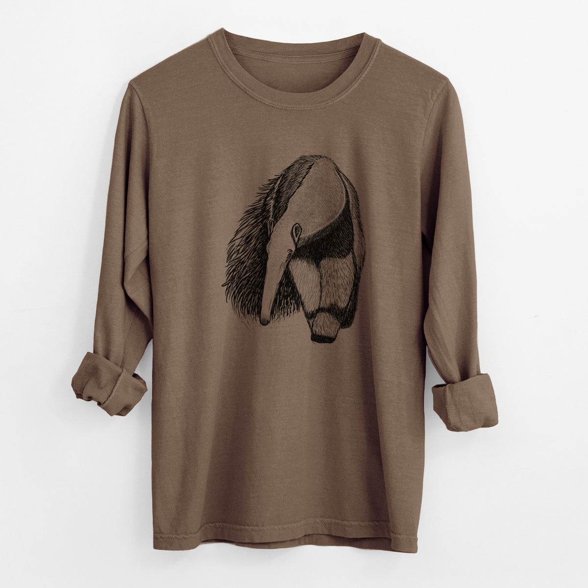 Espresso brown Comfort Colors long sleeve shirt laid flat with the cuffs rolled, printed with a detailed black ink illustration of a giant anteater with its long snout and bushy tail.