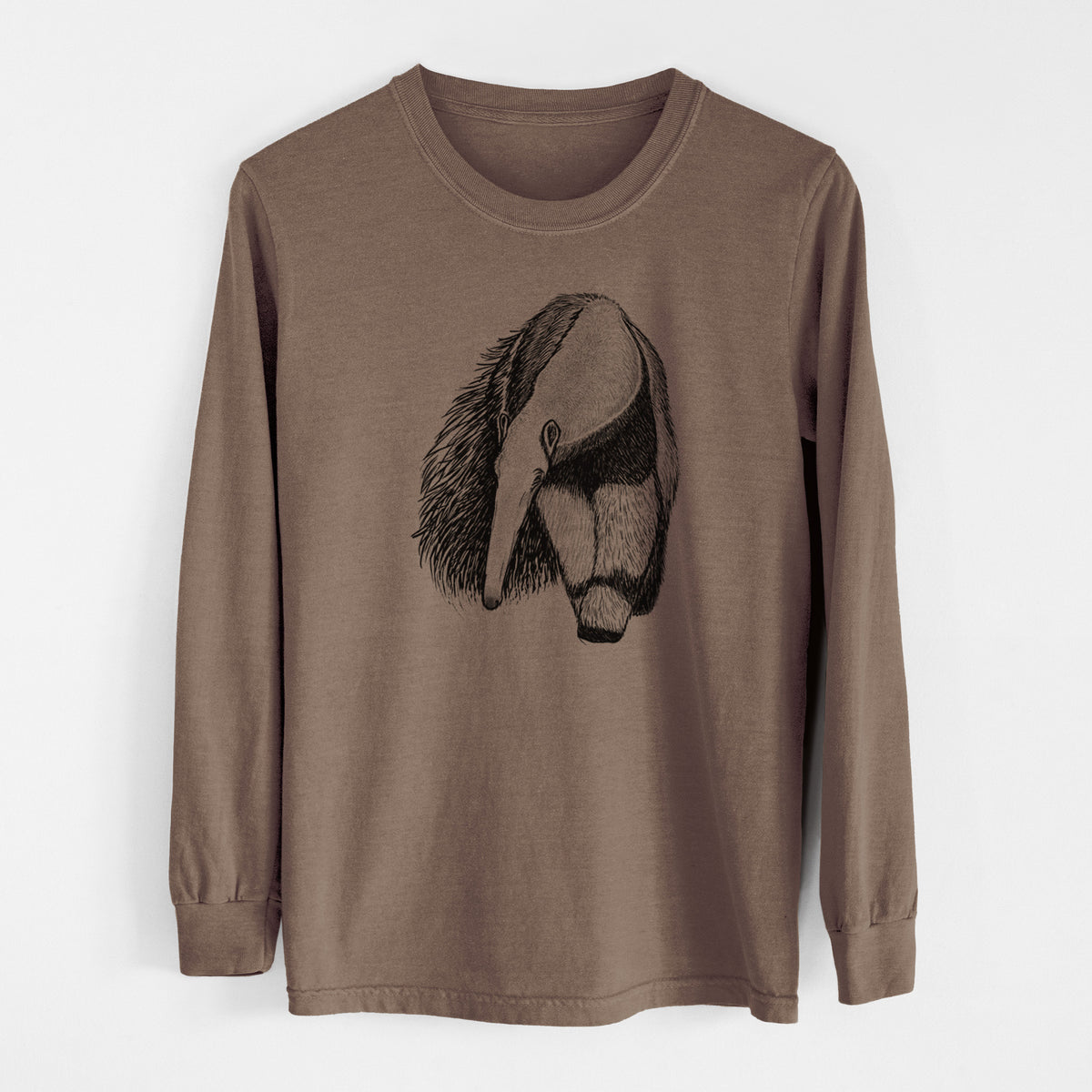 Espresso brown Comfort Colors long sleeve shirt laid flat, printed with a detailed black ink illustration of a giant anteater with its long snout and bushy tail.