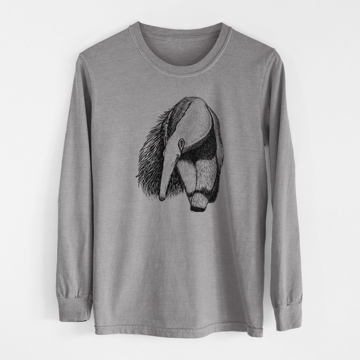 Grey Comfort Colors long sleeve shirt laid flat, printed with a detailed black ink illustration of a giant anteater with its long snout and bushy tail.
