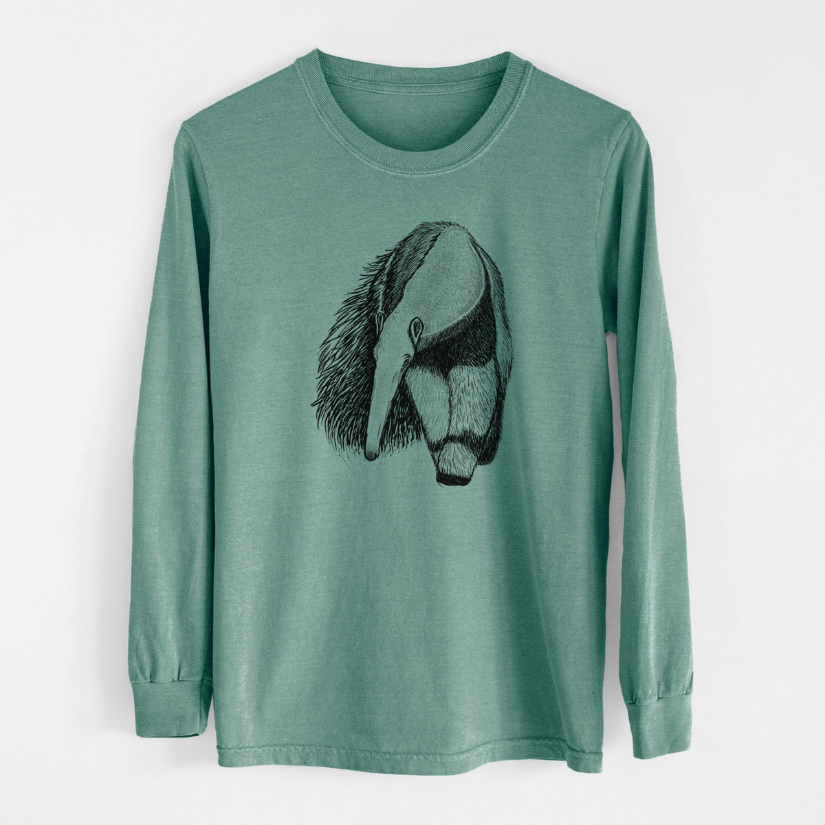 Pine green Comfort Colors long sleeve shirt laid flat, printed with a detailed black ink illustration of a giant anteater with its long snout and bushy tail.