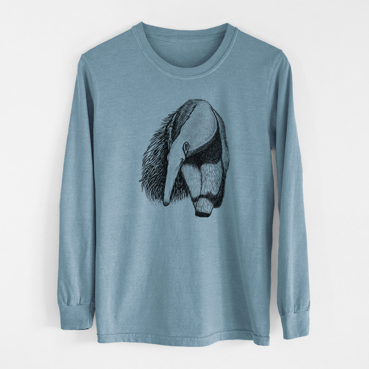 Steel blue Comfort Colors long sleeve shirt laid flat, printed with a detailed black ink illustration of a giant anteater with its long snout and bushy tail.
