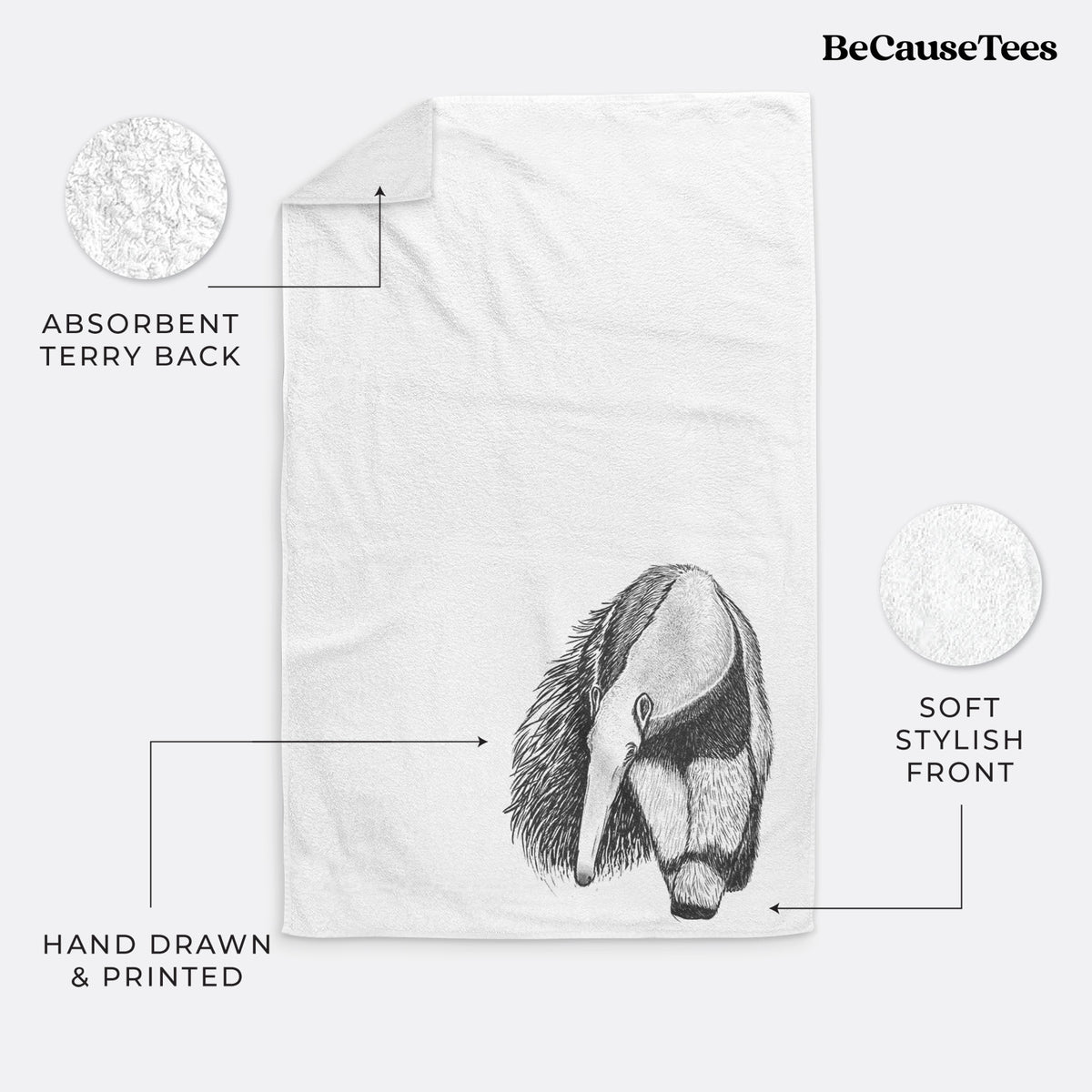 White hand towel printed with a detailed black ink illustration of a giant anteater with its long snout and bushy tail.