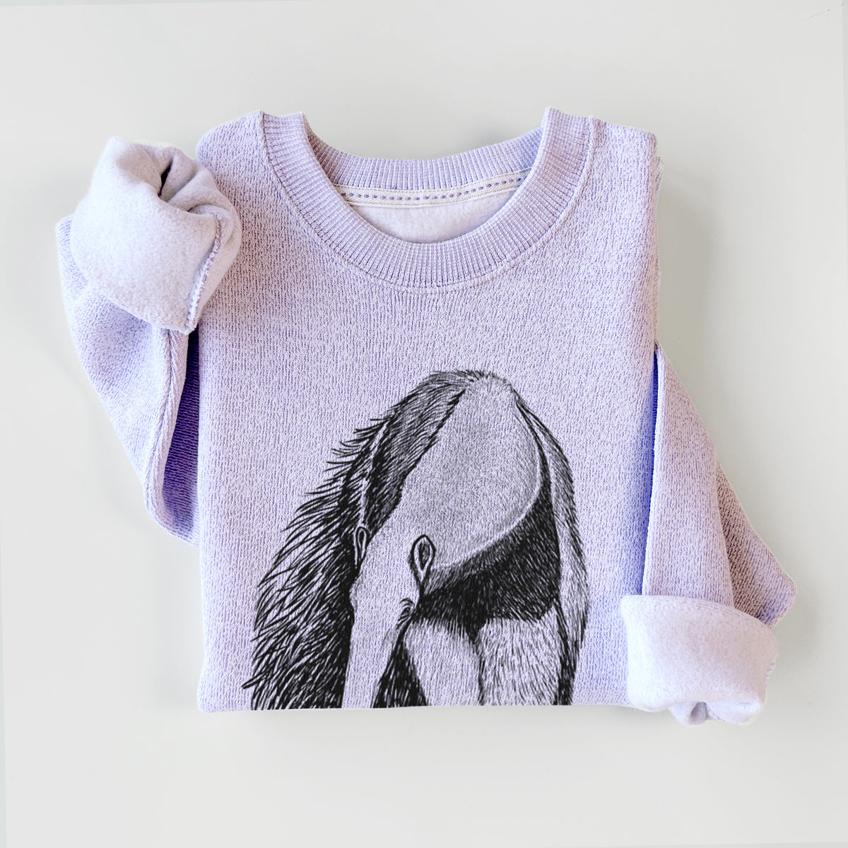 Ice purple knit sweatshirt printed with a detailed black ink illustration of a giant anteater with its long snout and bushy tail, styled flat.