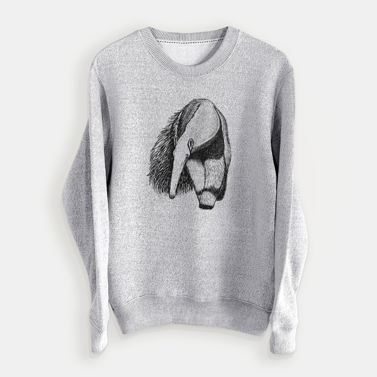 Salt and pepper knit sweatshirt laid flat, printed with a detailed black ink illustration of a giant anteater with its long snout and bushy tail.