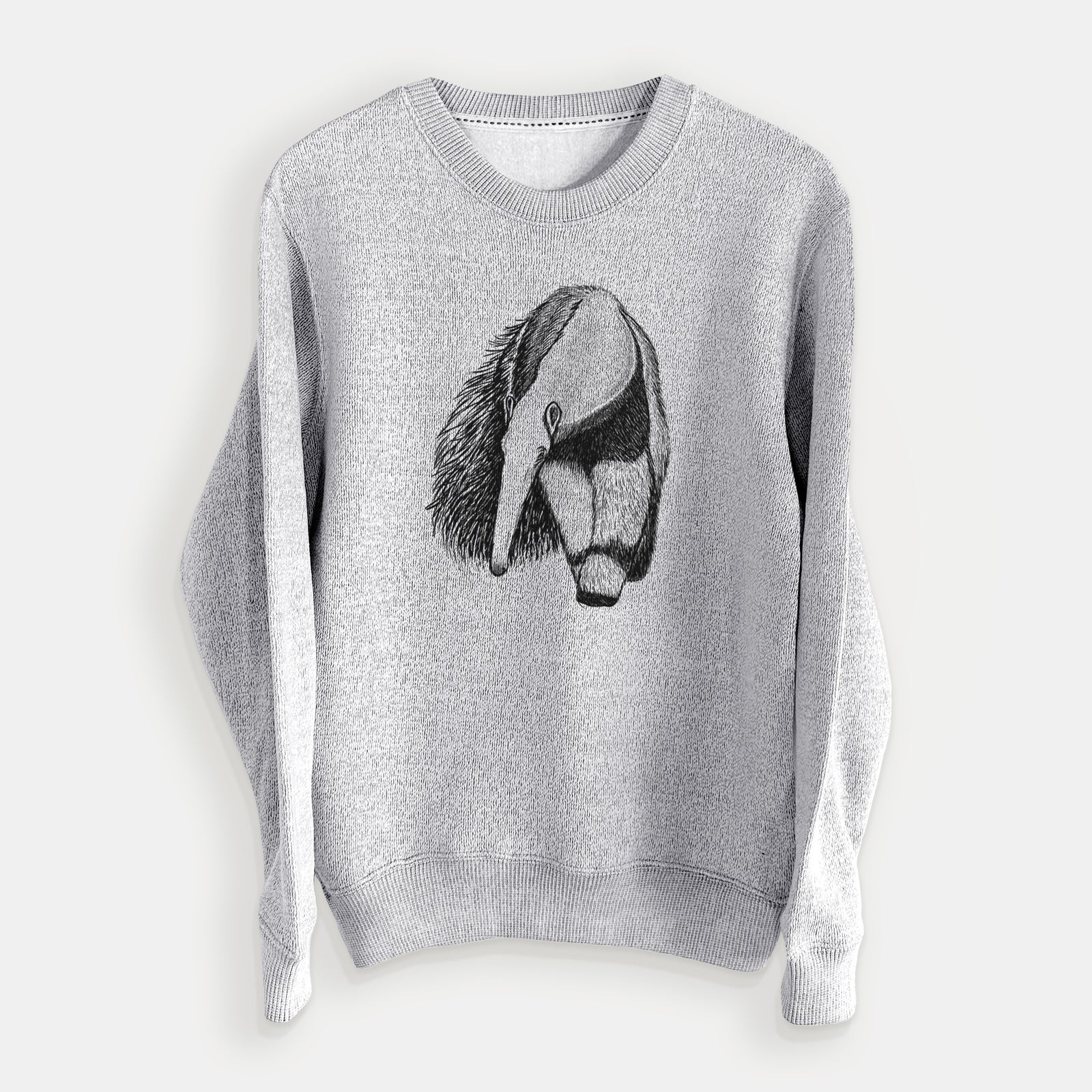 Salt and pepper knit sweatshirt laid flat, printed with a detailed black ink illustration of a giant anteater with its long snout and bushy tail.