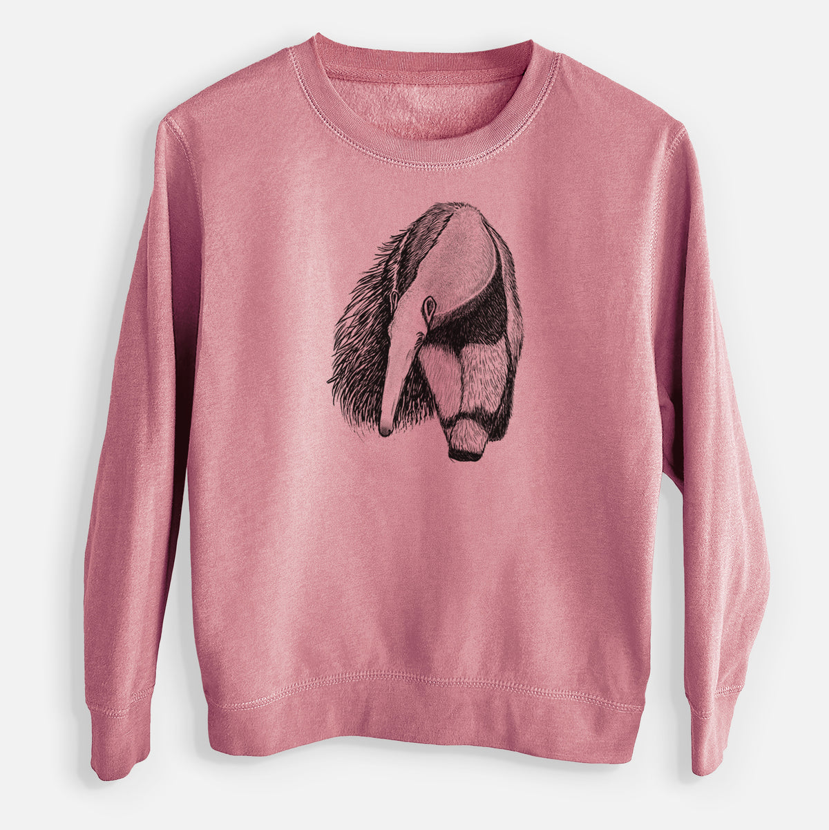 Mauve pink youth crewneck sweatshirt laid flat, printed with a detailed black ink illustration of a giant anteater with its long snout and bushy tail.