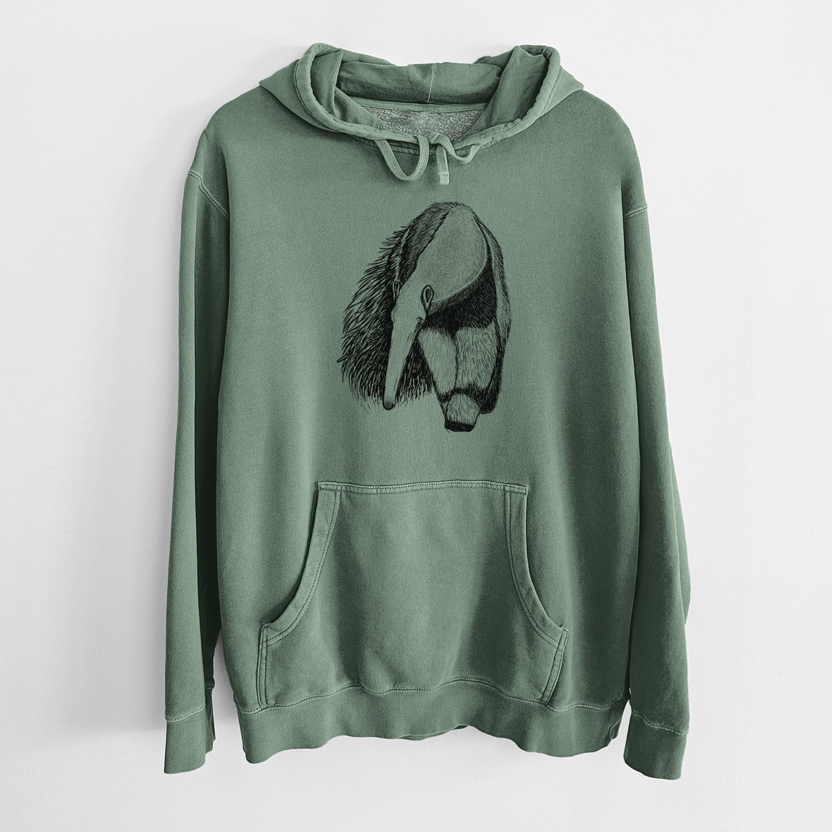 Alpine green pigment dyed hoodie laid flat, printed with a detailed black ink illustration of a giant anteater with its long snout and bushy tail.