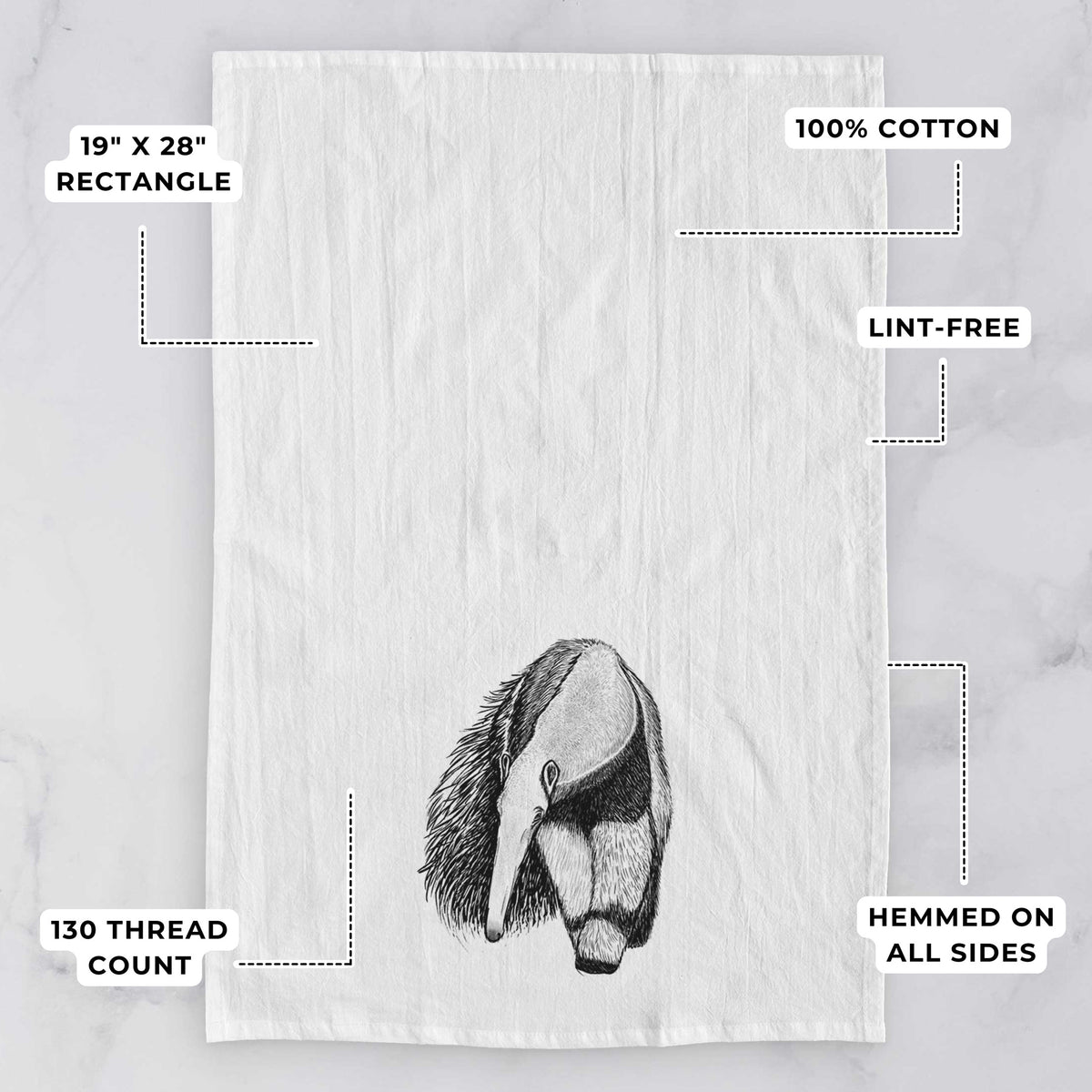 White tea towel printed with a detailed black ink illustration of a giant anteater with its long snout and bushy tail, with feature labels: 19 by 28 inch rectangle, 100% cotton, lint-free, 130 thread count, hemmed on all sides.