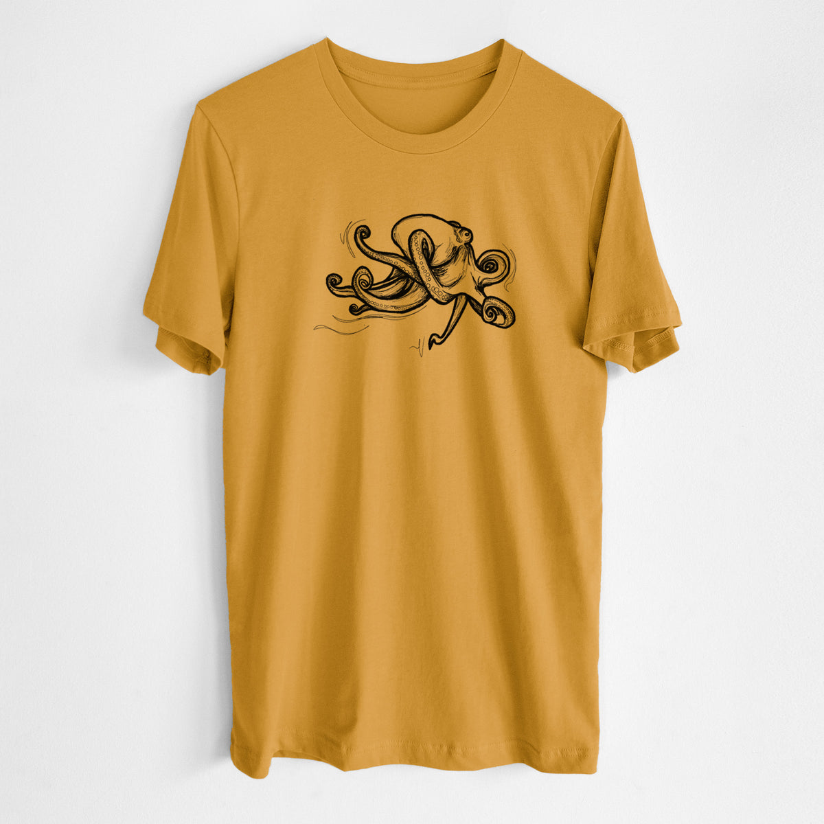Honeycomb yellow lightweight cotton t-shirt laid flat, printed with a black ink illustration of a giant Pacific octopus with curling tentacles.