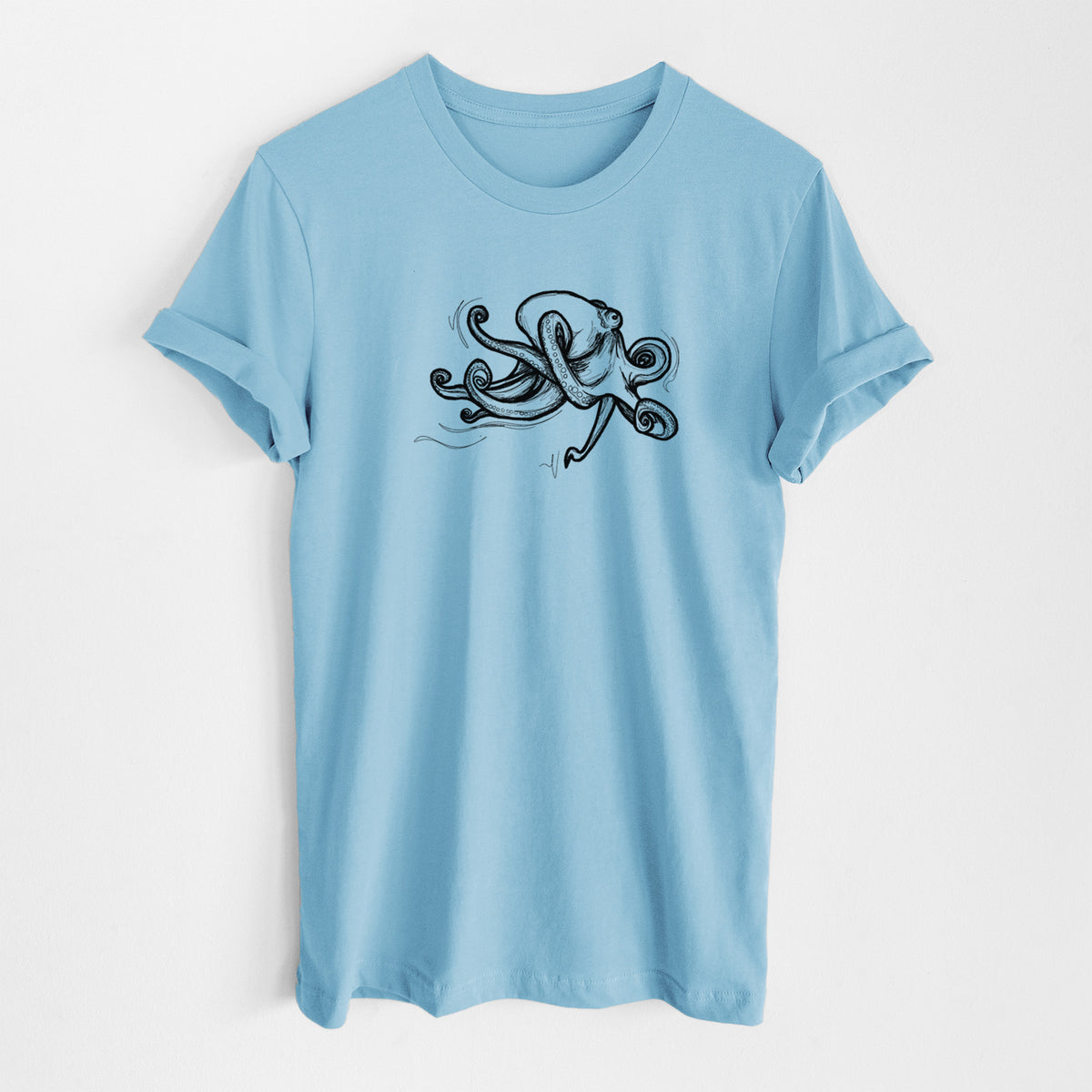 Ocean blue lightweight cotton t-shirt laid flat, printed with a black ink illustration of a giant Pacific octopus with curling tentacles.