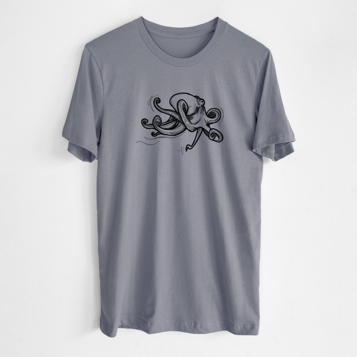 Storm grey lightweight cotton t-shirt laid flat, printed with a black ink illustration of a giant Pacific octopus with curling tentacles.