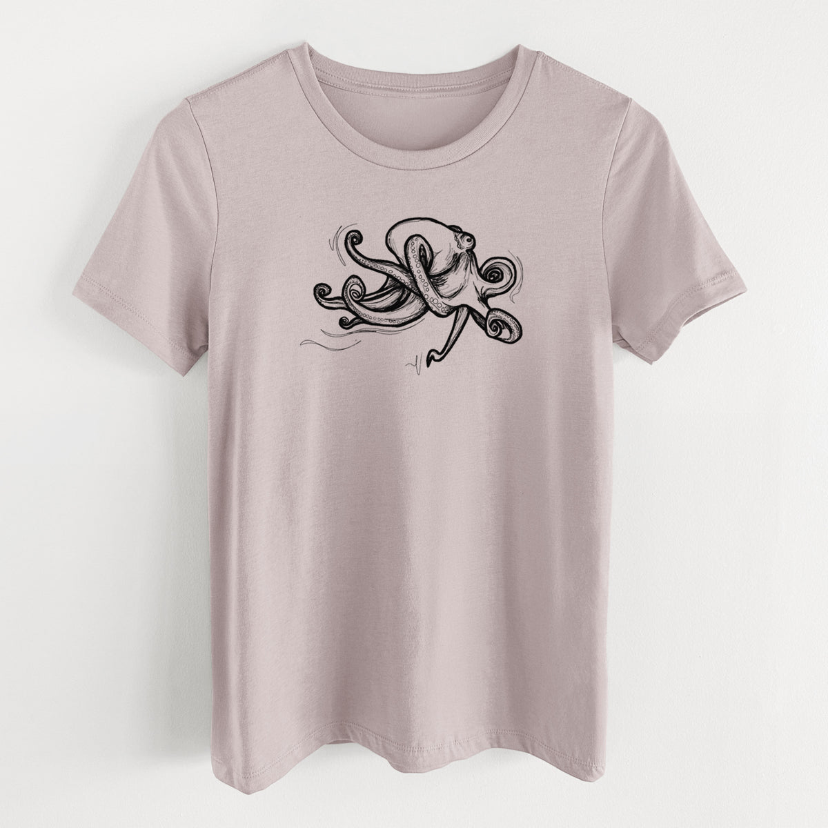 Pink gravel women's relaxed fit cotton t-shirt laid flat, printed with a black ink illustration of a giant Pacific octopus with curling tentacles.
