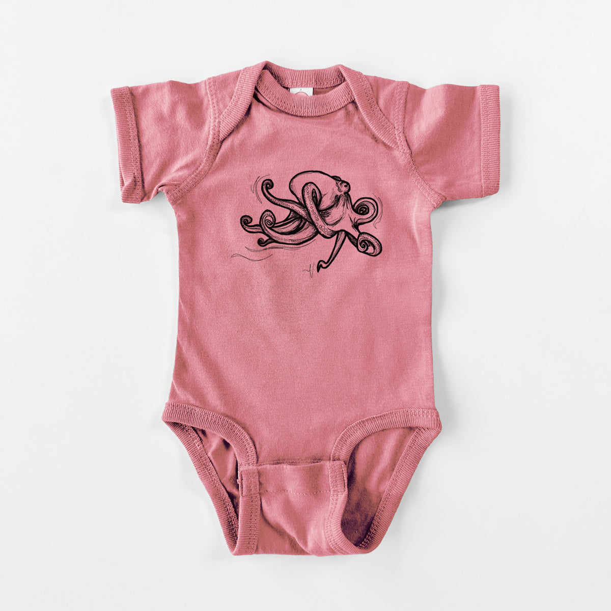 Mauve pink baby bodysuit laid flat, printed with a black ink illustration of a giant Pacific octopus with curling tentacles.