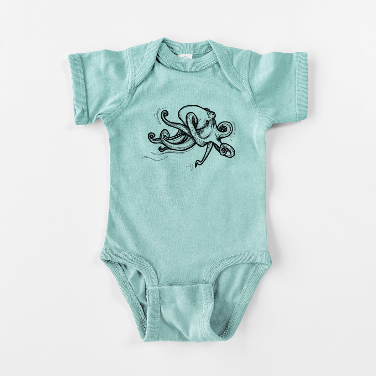 Saltwater baby bodysuit laid flat, printed with a black ink illustration of a giant Pacific octopus with curling tentacles.