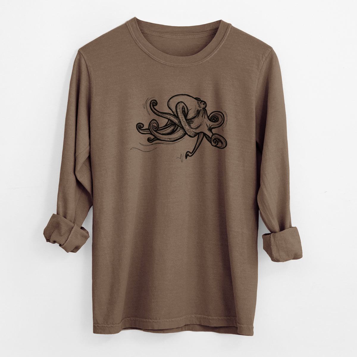 Espresso brown Comfort Colors long sleeve shirt laid flat with the cuffs rolled, printed with a black ink illustration of a giant Pacific octopus with curling tentacles.