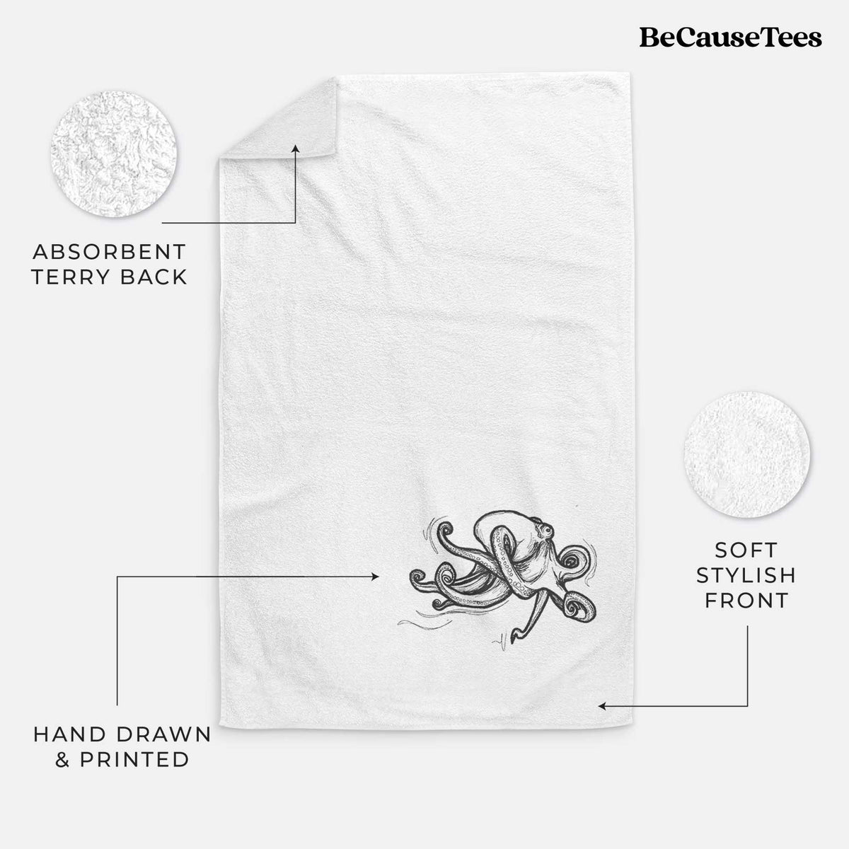White hand towel printed with a black ink illustration of a giant Pacific octopus with curling tentacles.