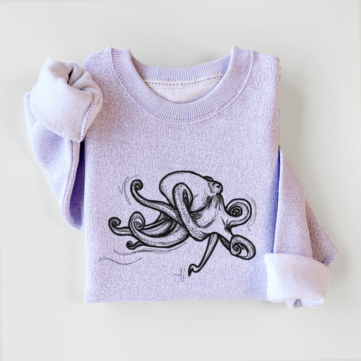 Ice purple knit sweatshirt printed with a black ink illustration of a giant Pacific octopus with curling tentacles, styled flat.