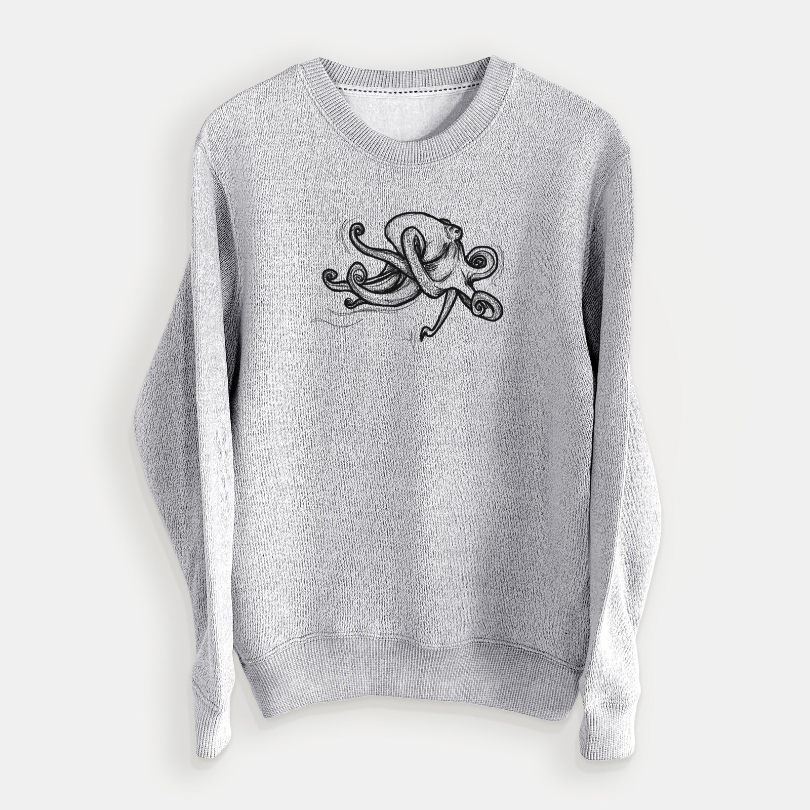 Salt and pepper knit sweatshirt laid flat, printed with a black ink illustration of a giant Pacific octopus with curling tentacles.
