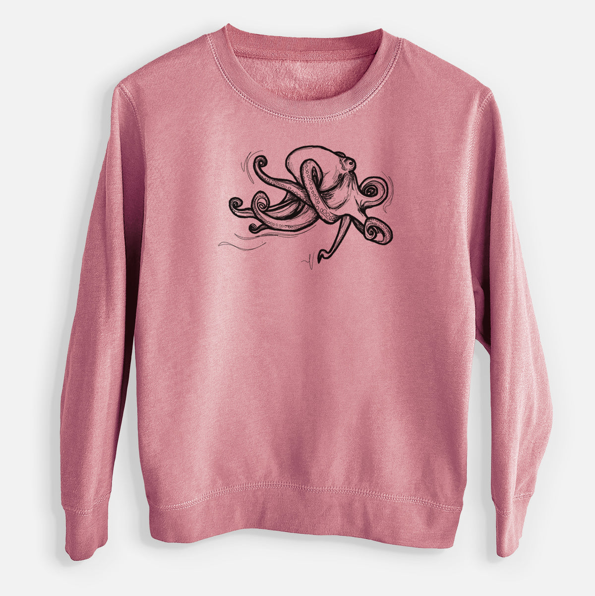 Mauve pink youth crewneck sweatshirt laid flat, printed with a black ink illustration of a giant Pacific octopus with curling tentacles.