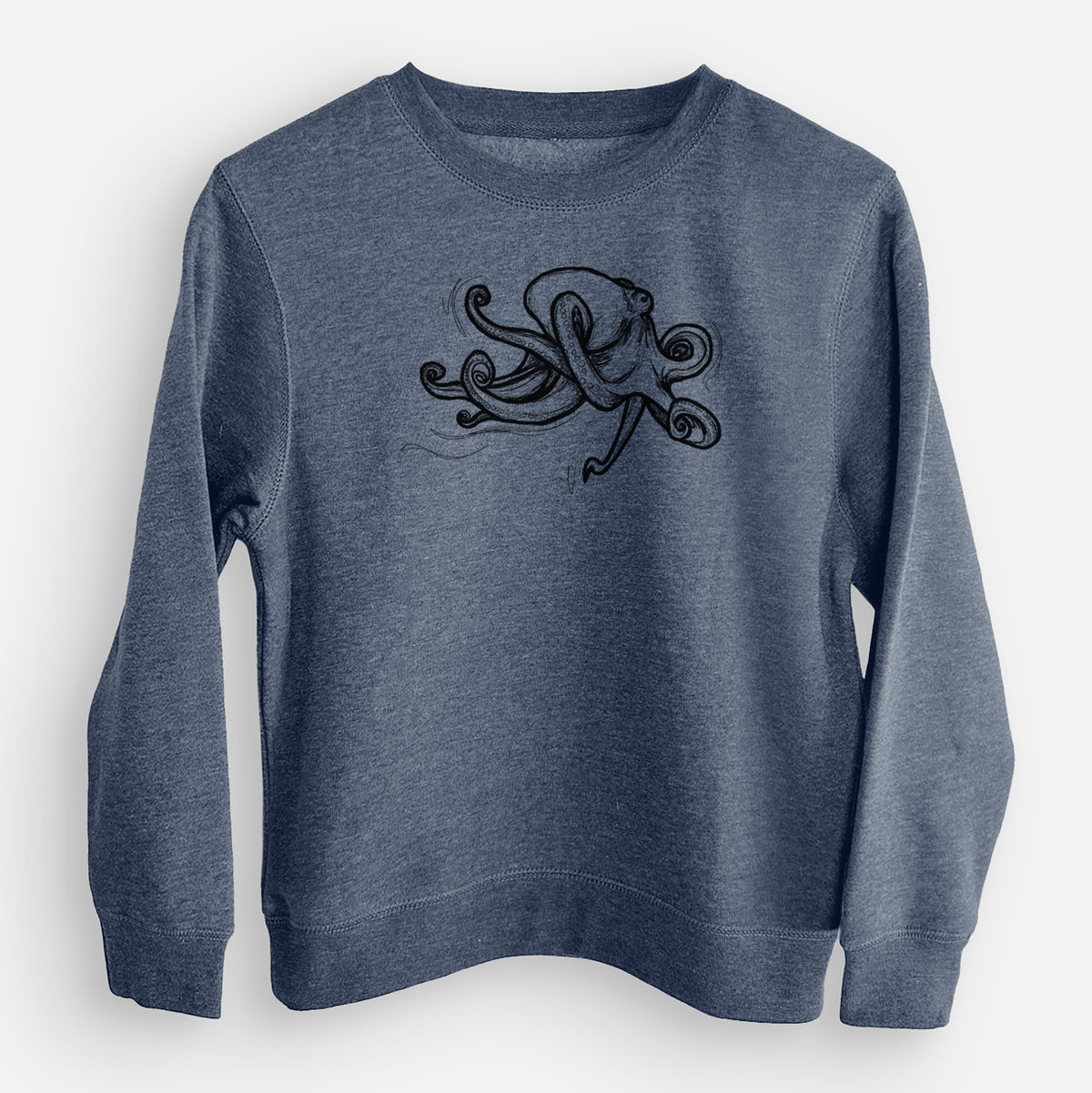 Storm blue youth crewneck sweatshirt laid flat, printed with a black ink illustration of a giant Pacific octopus with curling tentacles.