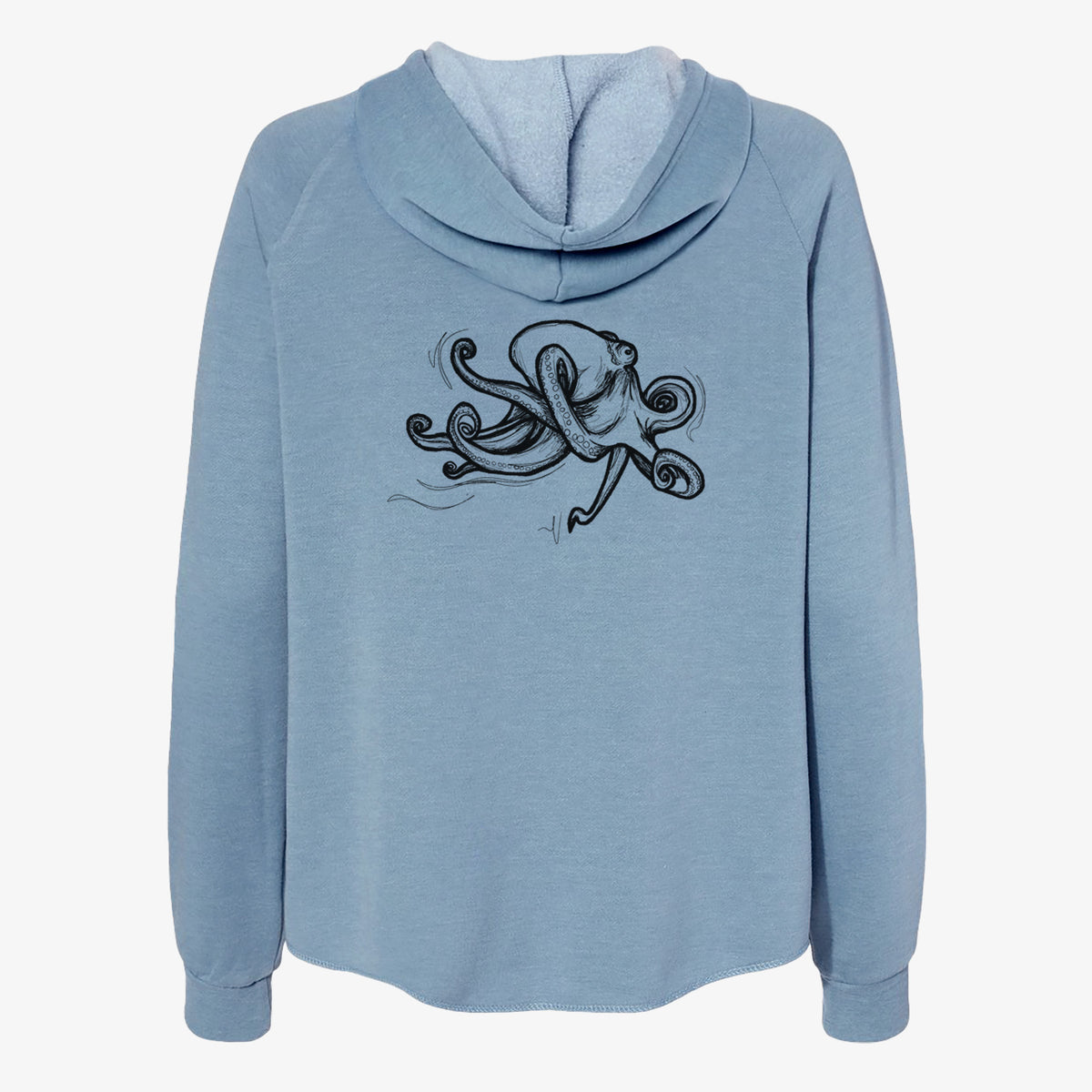 Misty blue women's Cali Wave zip-up sweatshirt laid flat, printed with a black ink illustration of a giant Pacific octopus with curling tentacles.