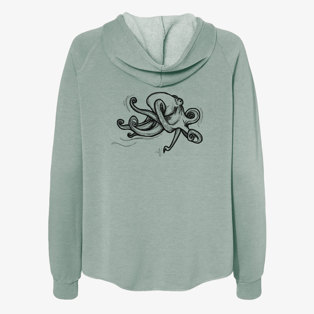 Sage green women's Cali Wave zip-up sweatshirt laid flat, printed with a black ink illustration of a giant Pacific octopus with curling tentacles.