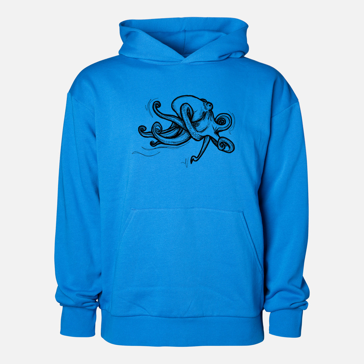 Giant Pacific Octopus - Statement Midweight Hoodie in Azure Blue, shown from the front with the design printed on the chest above a front kangaroo pocket.