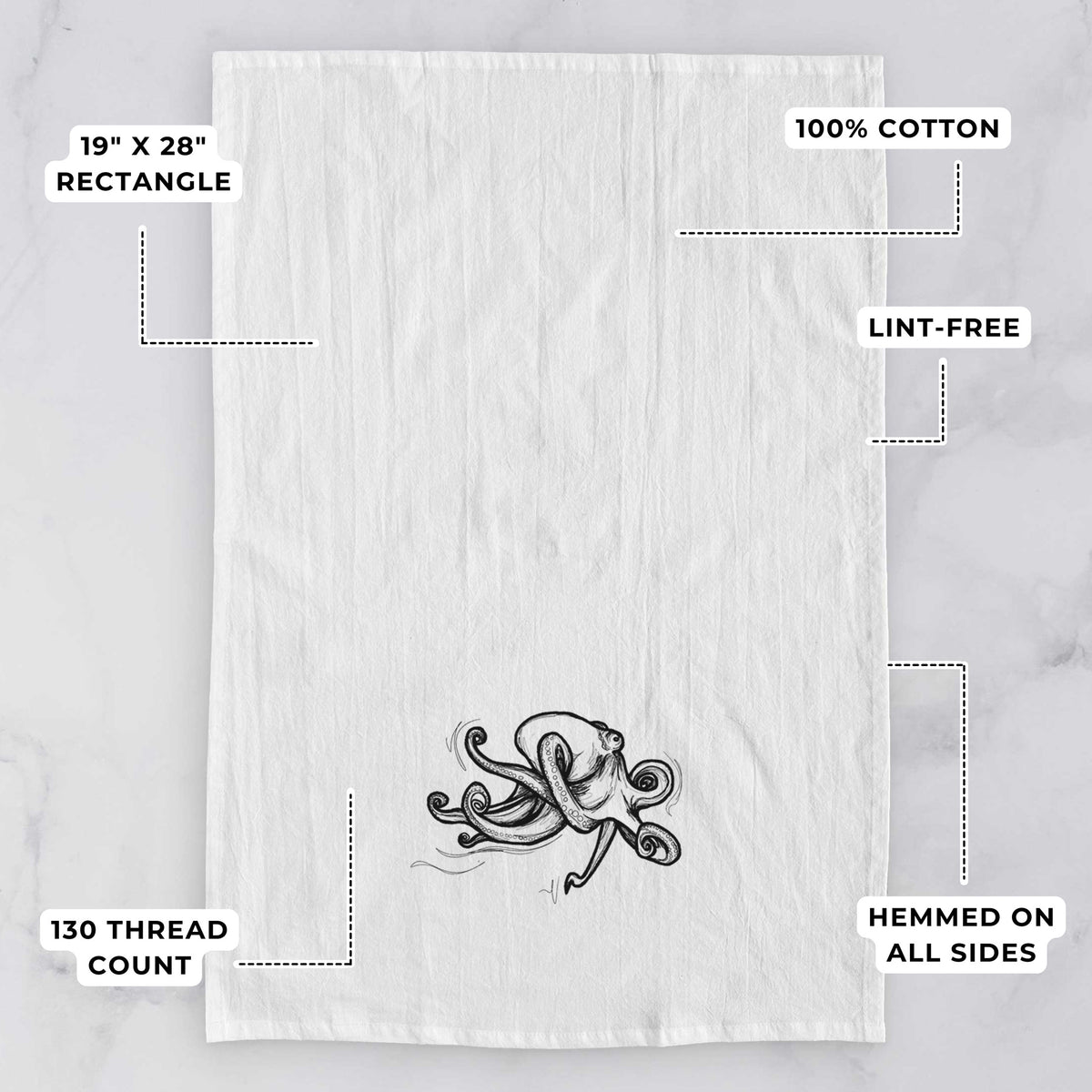 White tea towel printed with a black ink illustration of a giant Pacific octopus with curling tentacles, with feature labels: 19 by 28 inch rectangle, 100% cotton, lint-free, 130 thread count, hemmed on all sides.