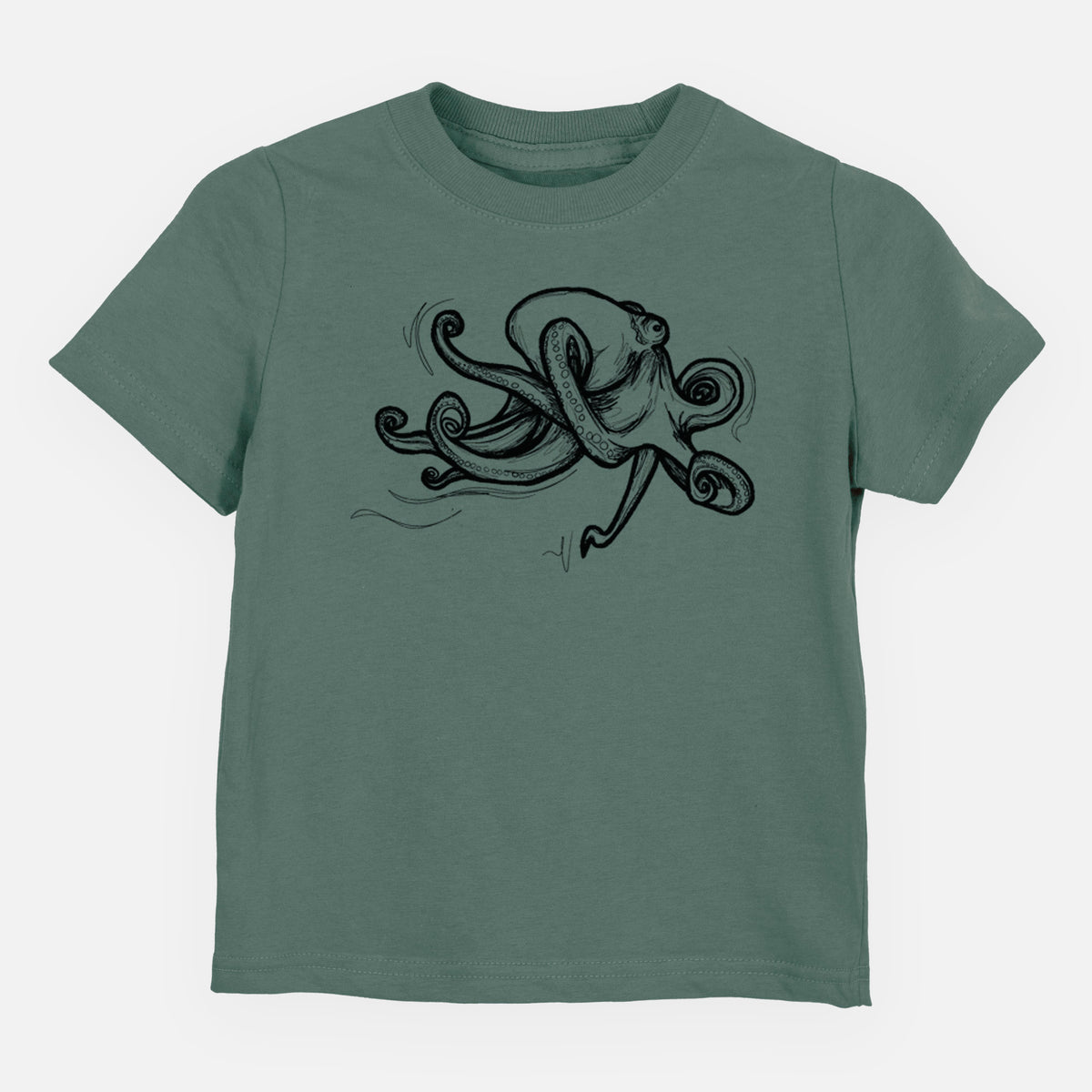 Basil green toddler t-shirt laid flat, printed with a black ink illustration of a giant Pacific octopus with curling tentacles.