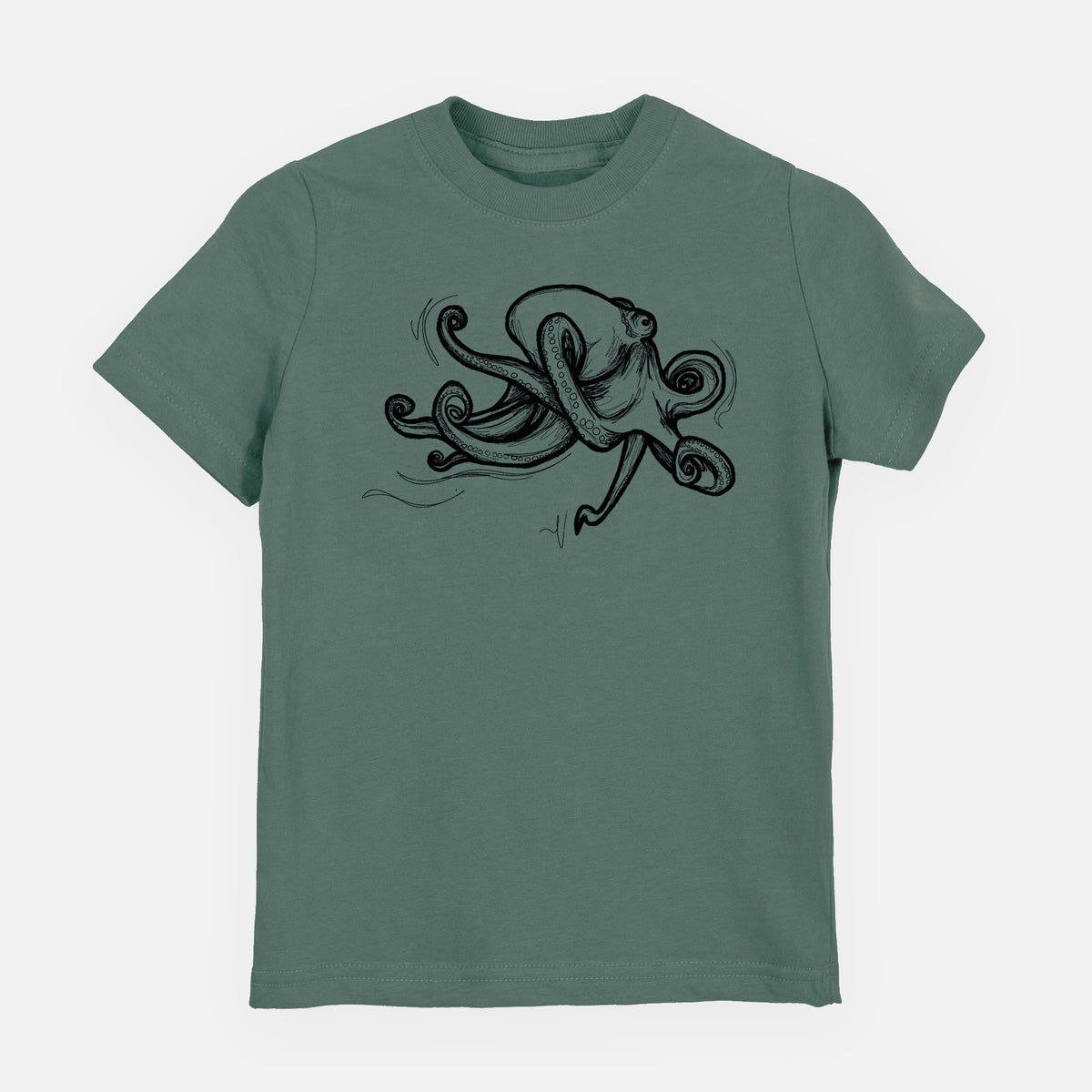 Basil green youth t-shirt laid flat, printed with a black ink illustration of a giant Pacific octopus with curling tentacles.
