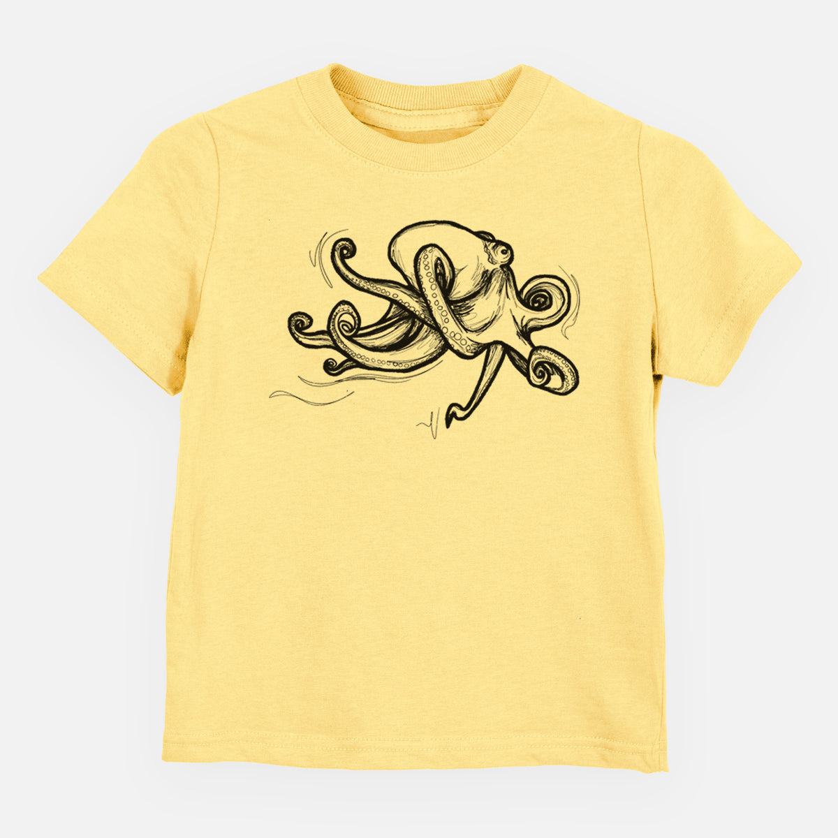Butter yellow toddler t-shirt laid flat, printed with a black ink illustration of a giant Pacific octopus with curling tentacles.