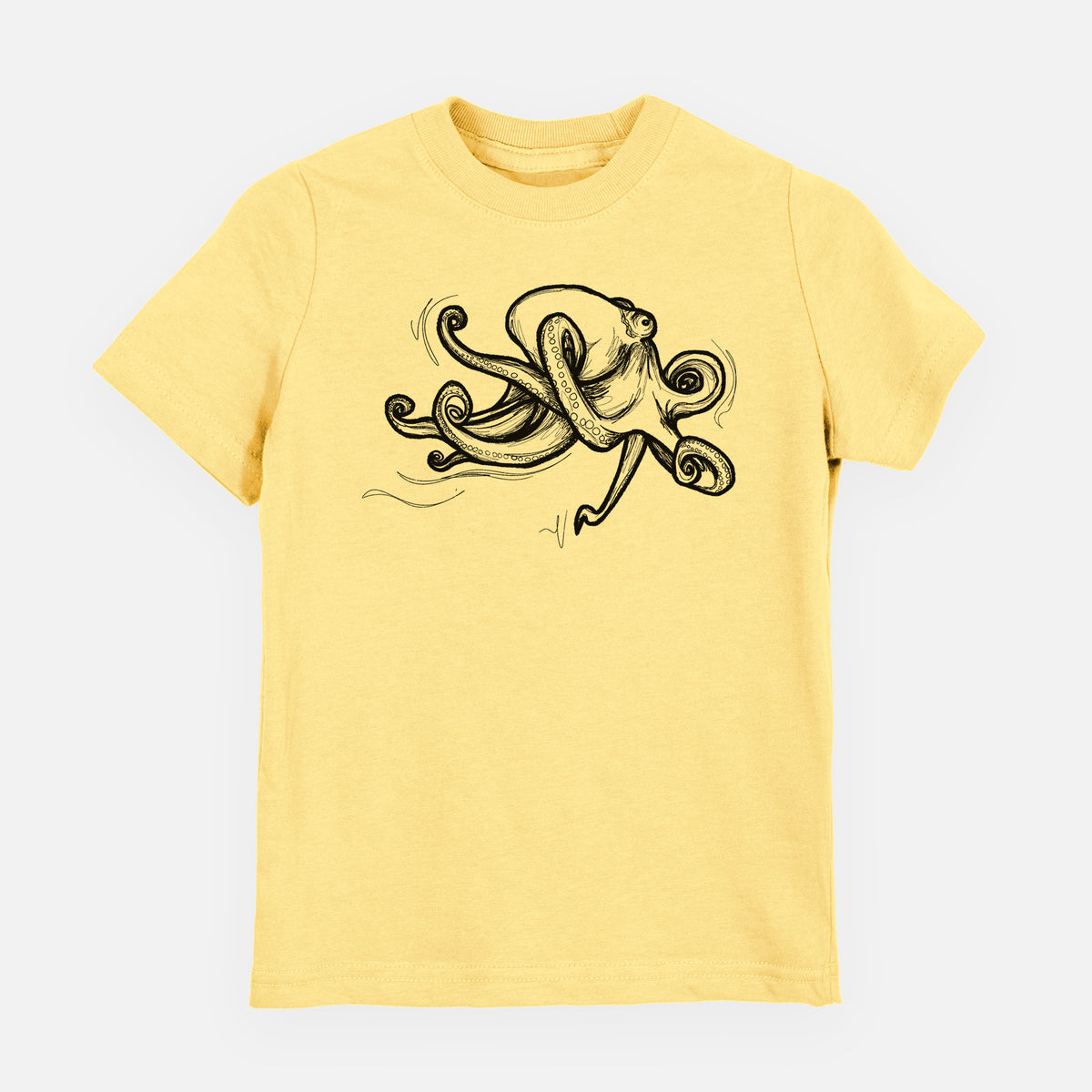 Butter yellow youth t-shirt laid flat, printed with a black ink illustration of a giant Pacific octopus with curling tentacles.