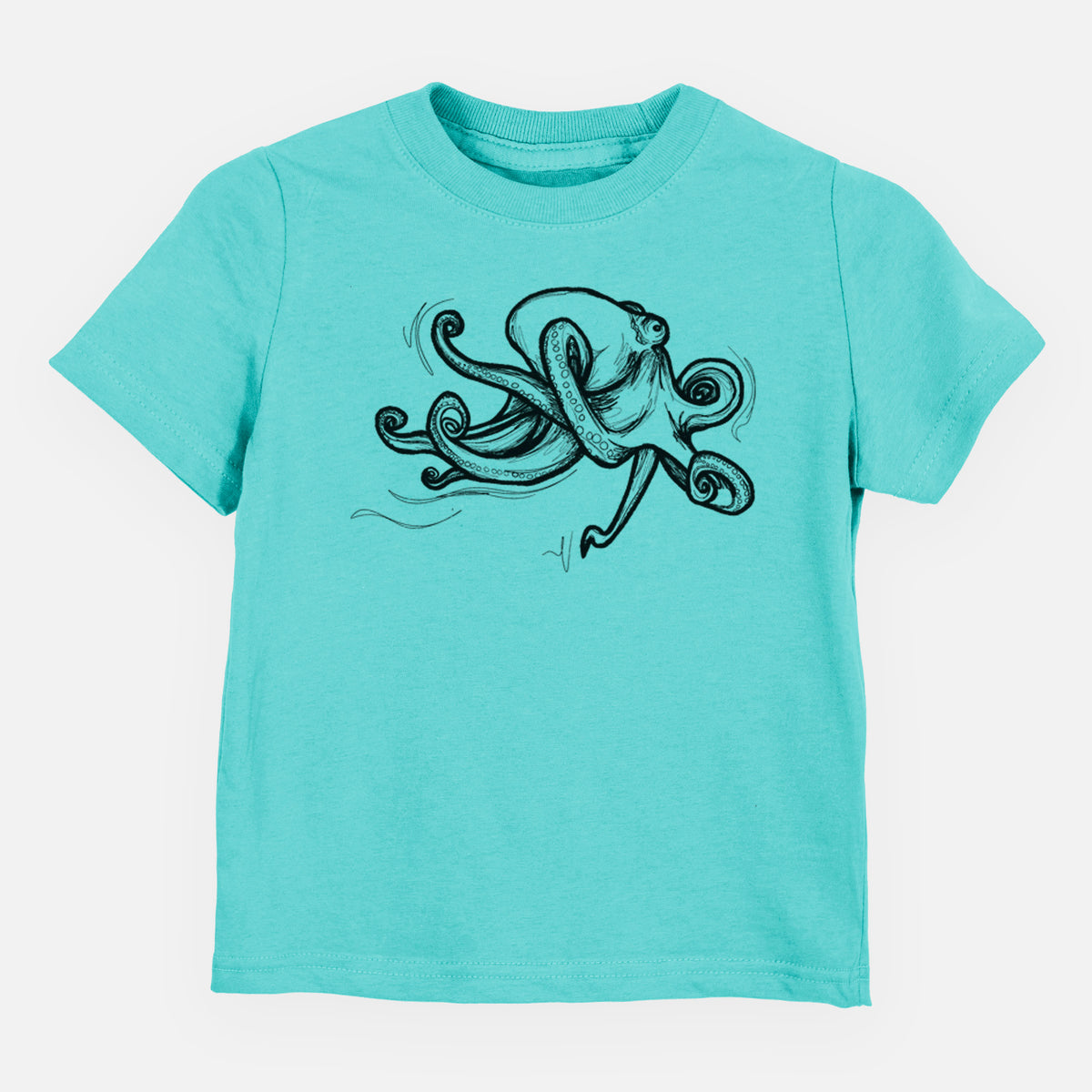 Caribbean blue toddler t-shirt laid flat, printed with a black ink illustration of a giant Pacific octopus with curling tentacles.