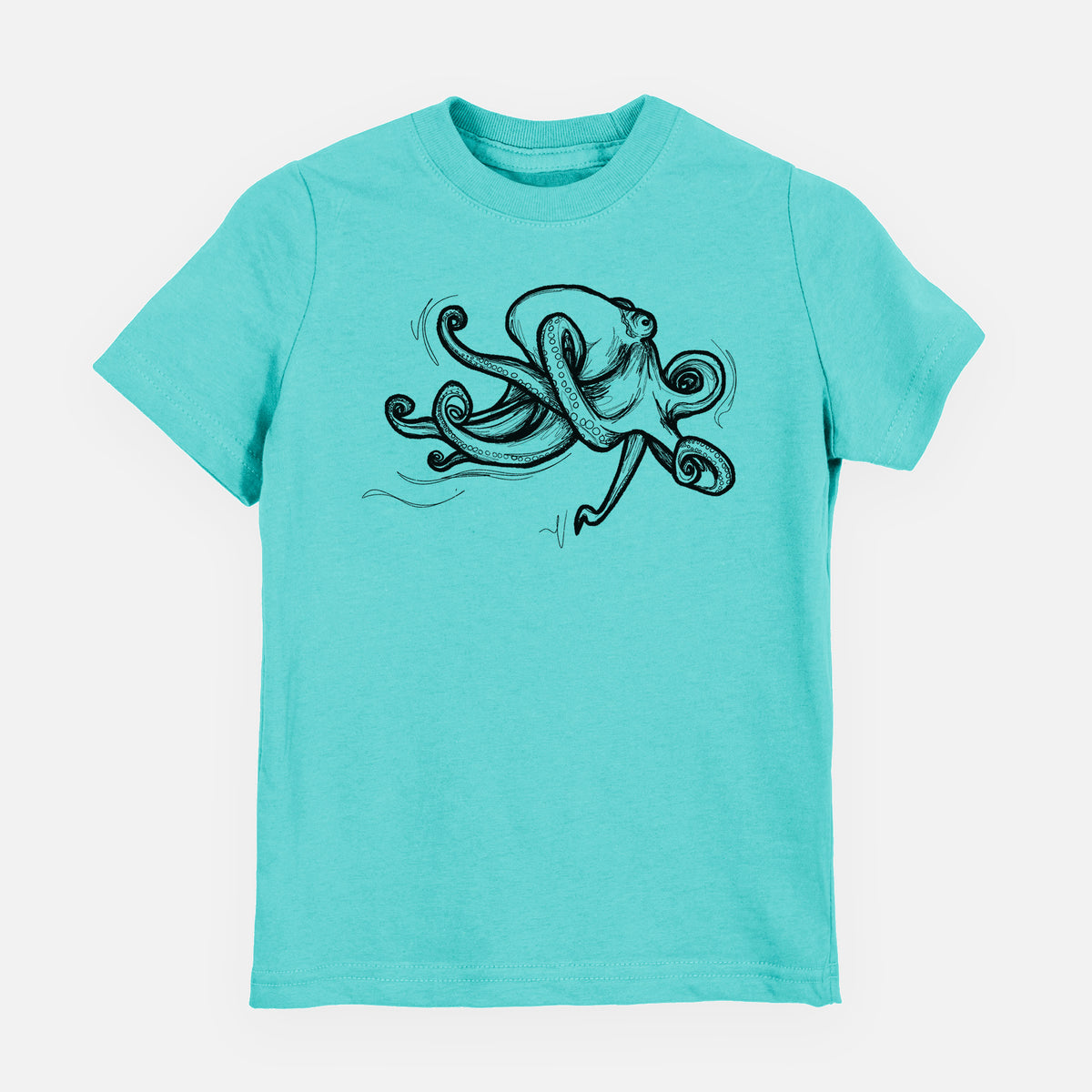 Caribbean blue youth t-shirt laid flat, printed with a black ink illustration of a giant Pacific octopus with curling tentacles.