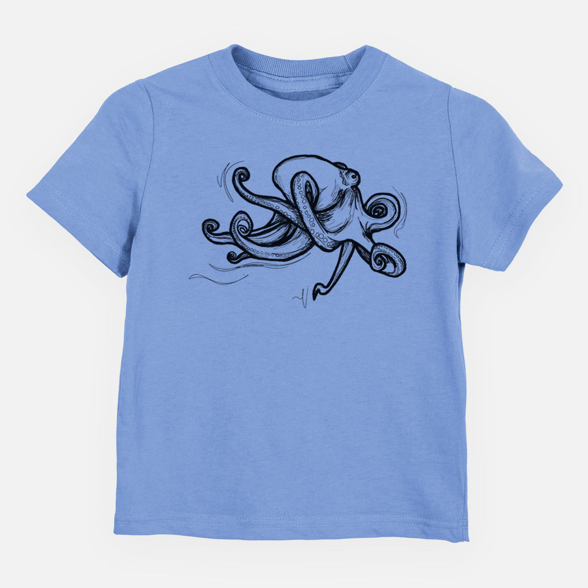 Carolina blue toddler t-shirt laid flat, printed with a black ink illustration of a giant Pacific octopus with curling tentacles.