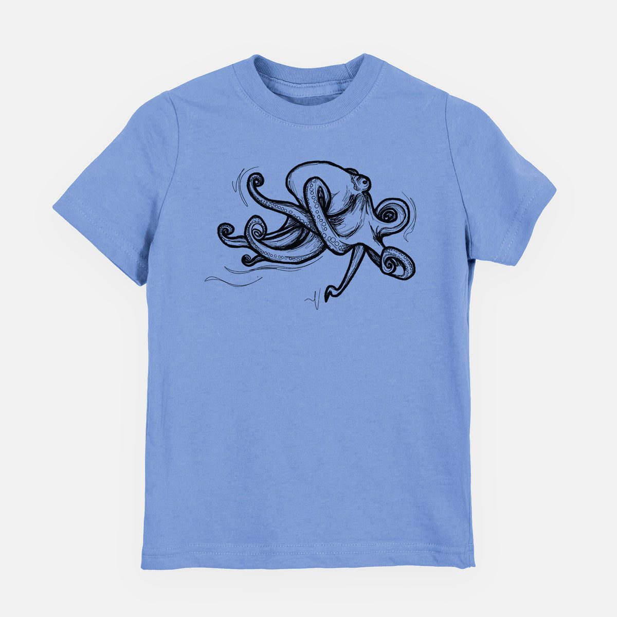 Carolina blue youth t-shirt laid flat, printed with a black ink illustration of a giant Pacific octopus with curling tentacles.