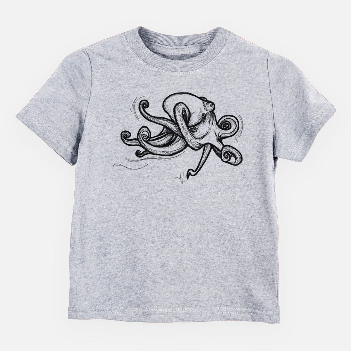 Heather grey toddler t-shirt laid flat, printed with a black ink illustration of a giant Pacific octopus with curling tentacles.