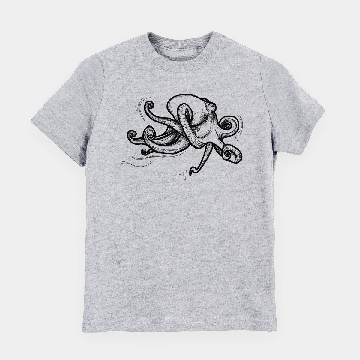 Heather grey youth t-shirt laid flat, printed with a black ink illustration of a giant Pacific octopus with curling tentacles.