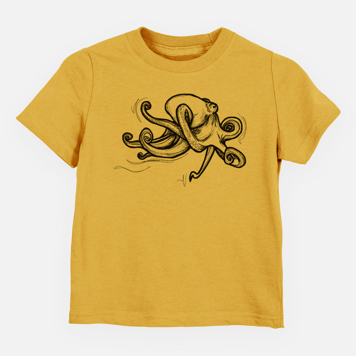 Honeycomb yellow toddler t-shirt laid flat, printed with a black ink illustration of a giant Pacific octopus with curling tentacles.