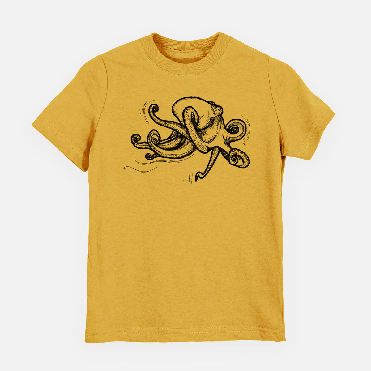 Honeycomb yellow youth t-shirt laid flat, printed with a black ink illustration of a giant Pacific octopus with curling tentacles.