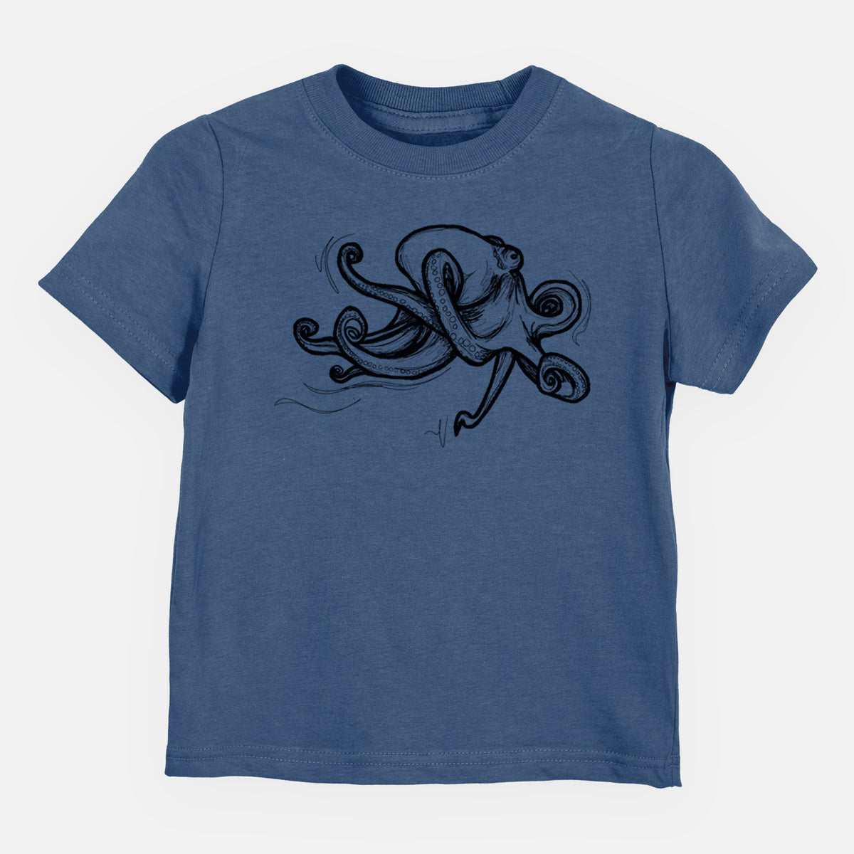 Indigo blue toddler t-shirt laid flat, printed with a black ink illustration of a giant Pacific octopus with curling tentacles.